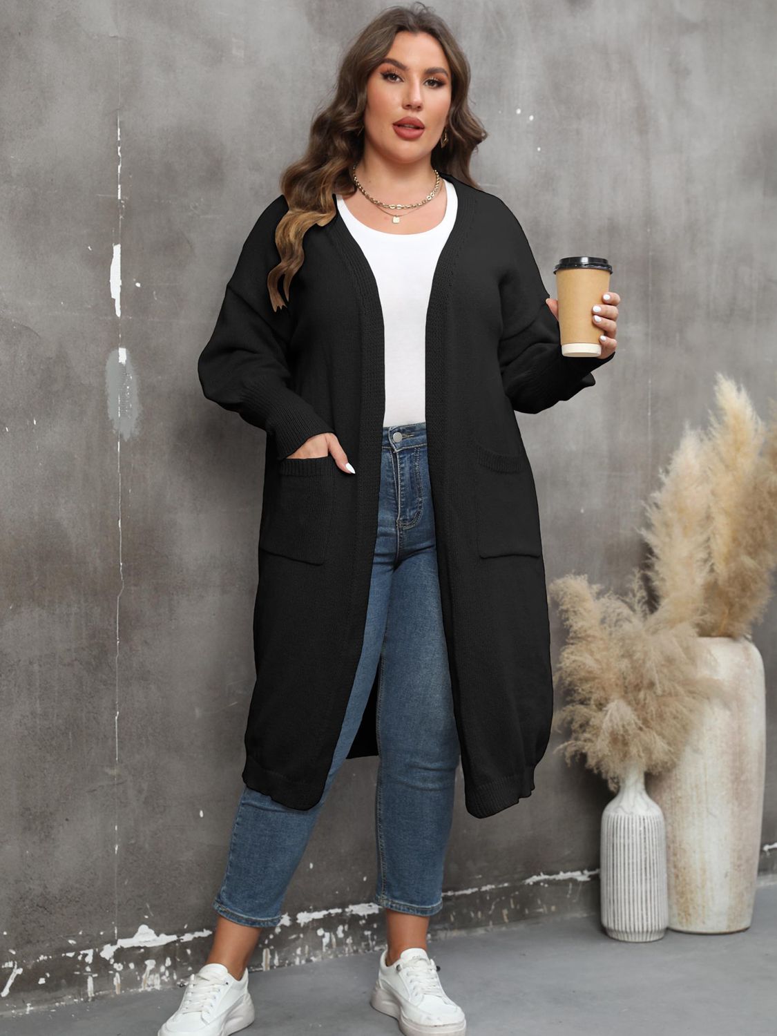Plus Size Long Sleeve Pocketed Cardigan 
