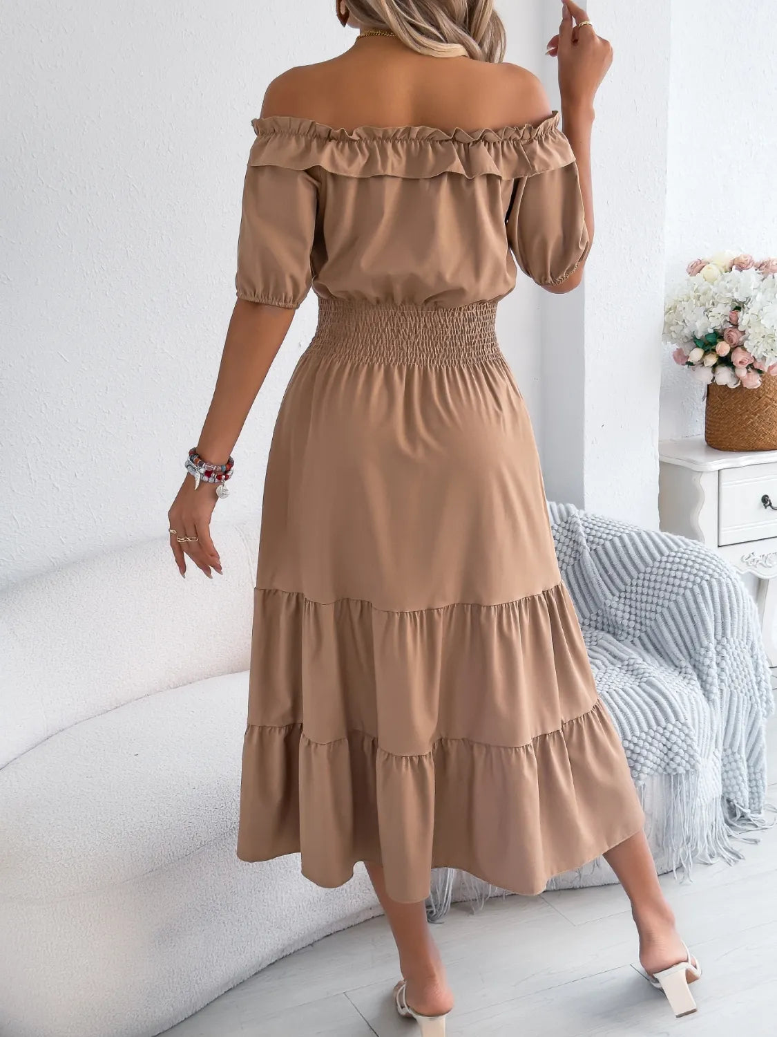 Smocked Off-Shoulder Tiered Dress 