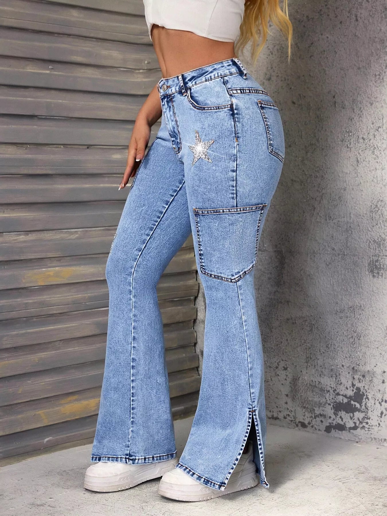 Slit Star Flare Leg Jeans 