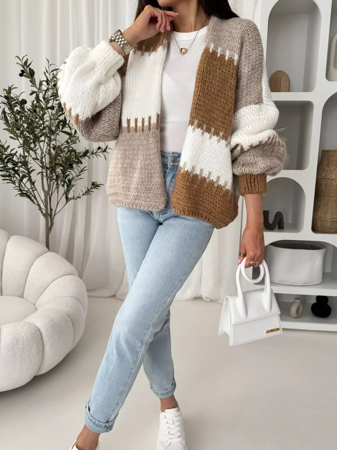 Color Block Open Front Cardigan 