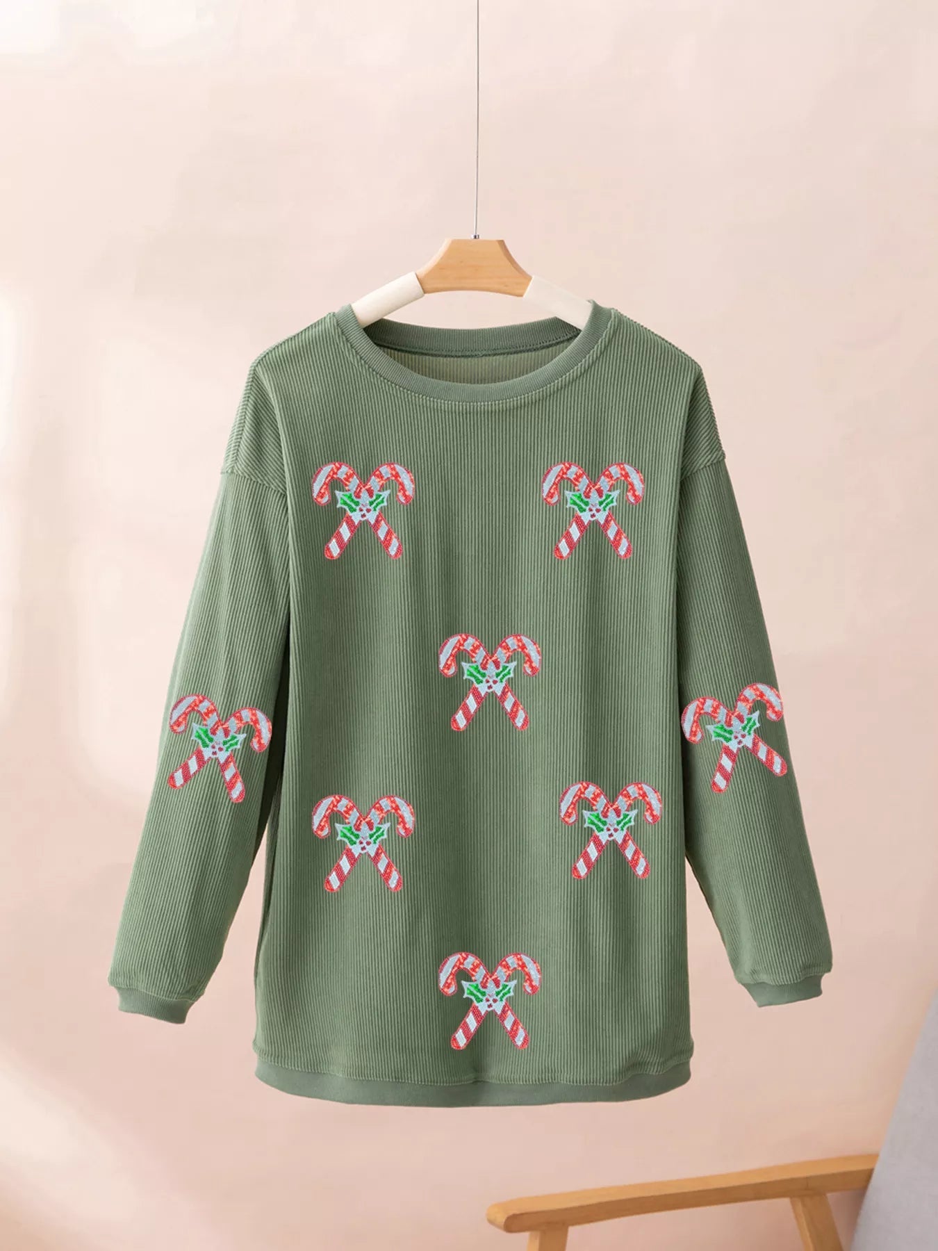 Candy Cane Shimmer Patched Corded Baggy Sweatshirt 