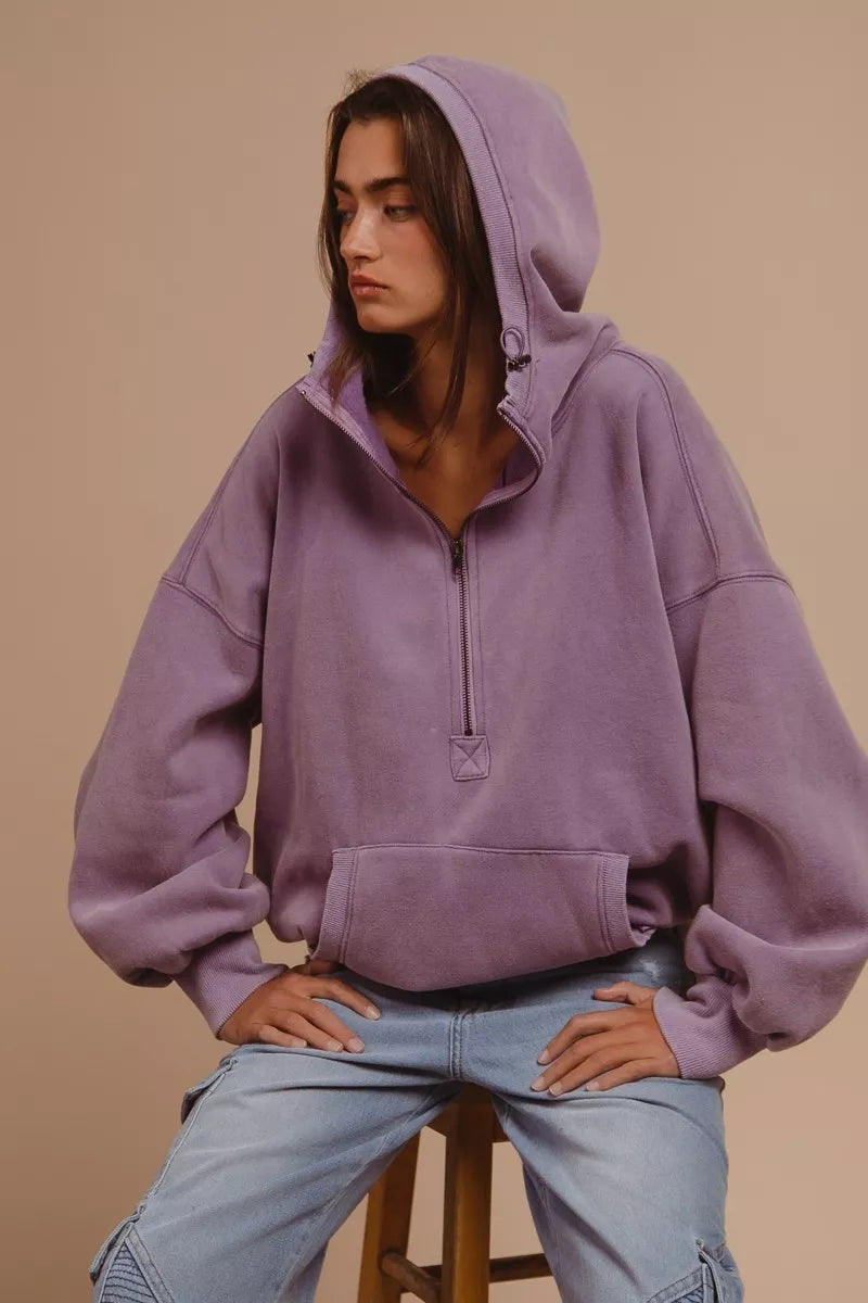BiBi Stitch Detailed Elastic Hem Half Zip Fleece Hoodie 