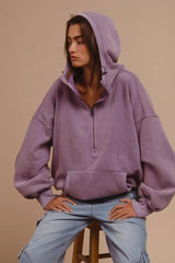 BiBi Stitch Detailed Elastic Hem Half Zip Fleece Hoodie 
