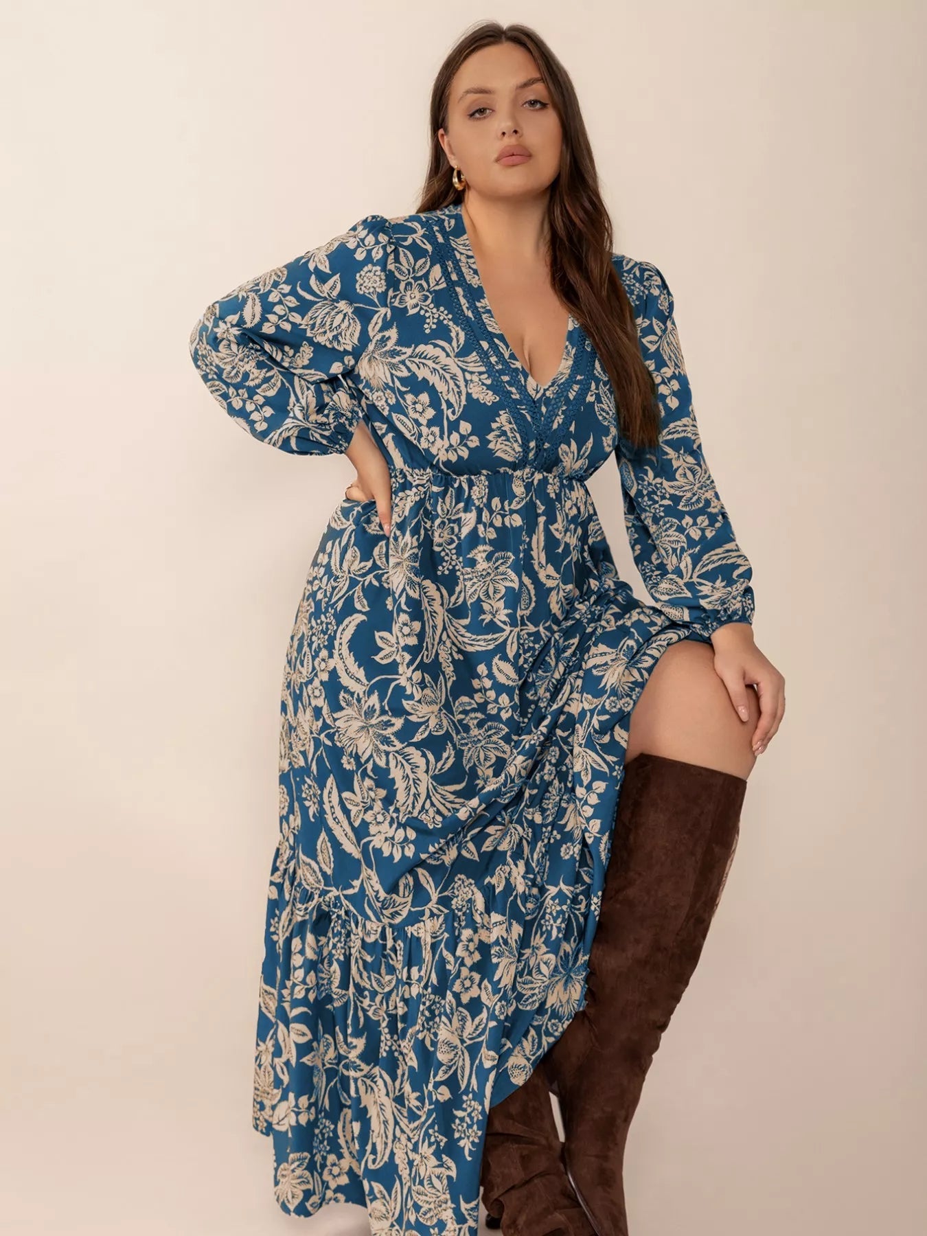 Plus Size Boho Floral Print Long Sleeve Maxi Dress 