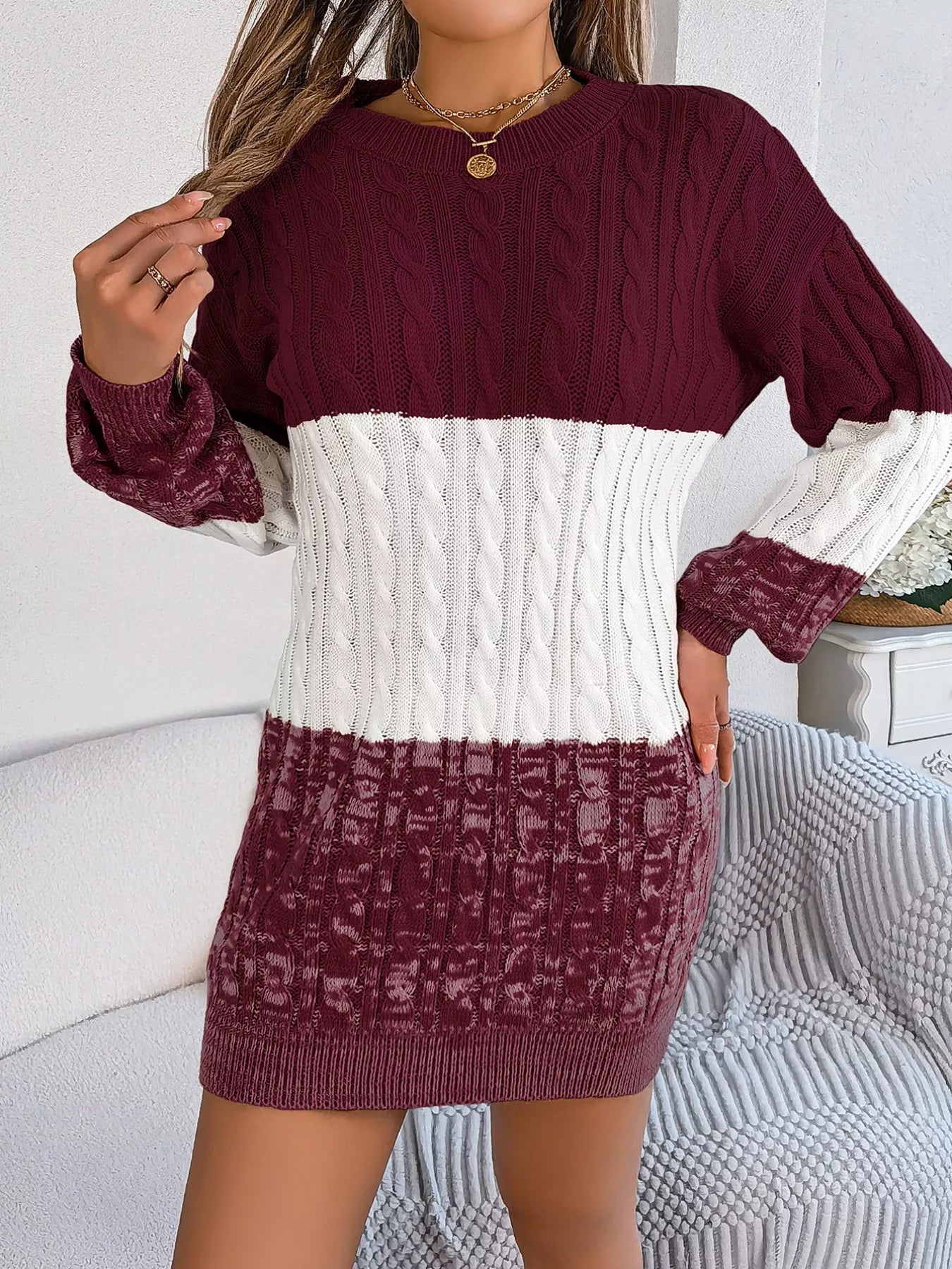 Color Block Cable Knit Sweater Dress with Textured Pattern 