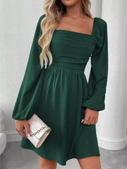 Ruched Square Neck Long Sleeve A-Line Dress 
