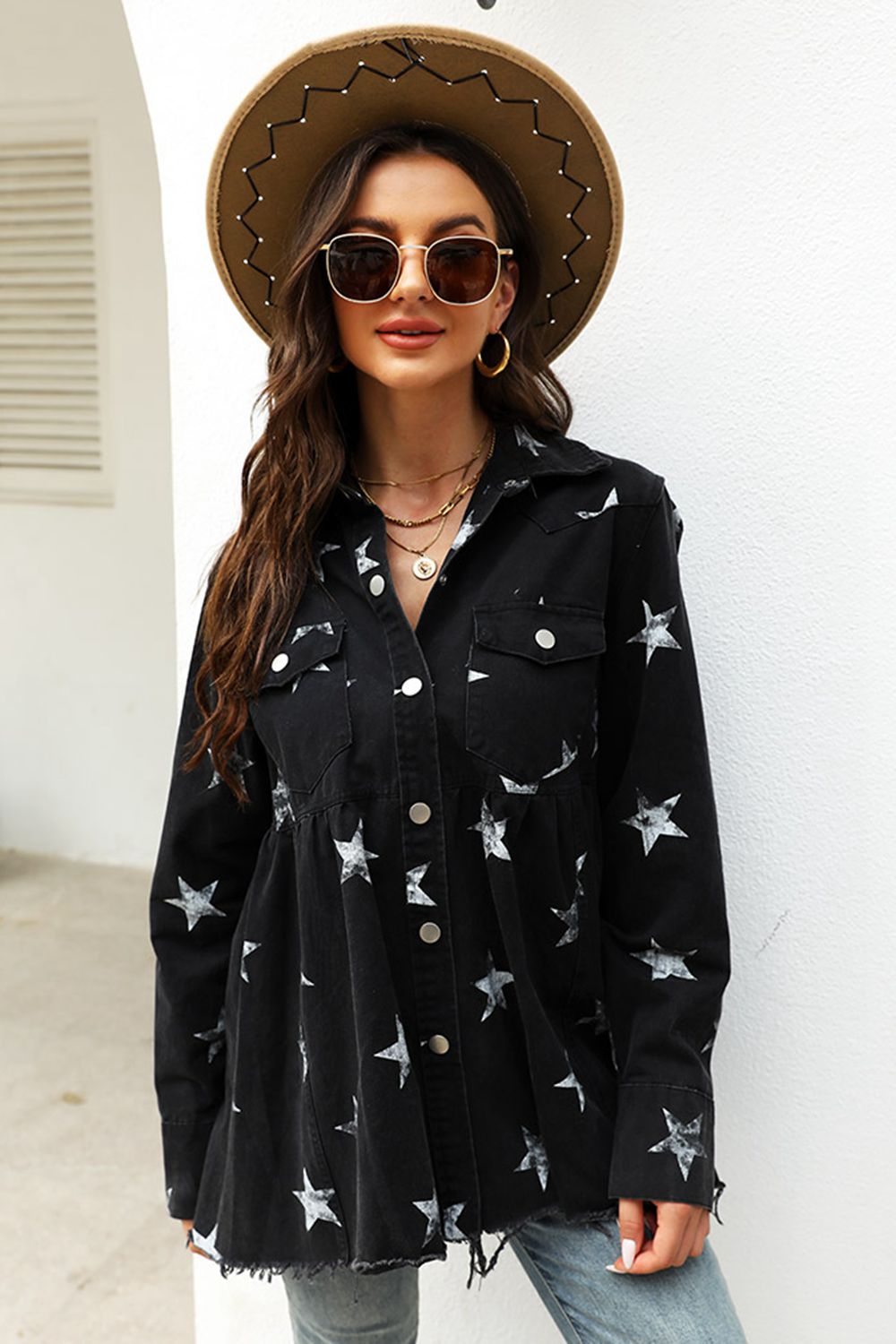 Collared Neck Star Print Long Sleeve Denim Jacket 