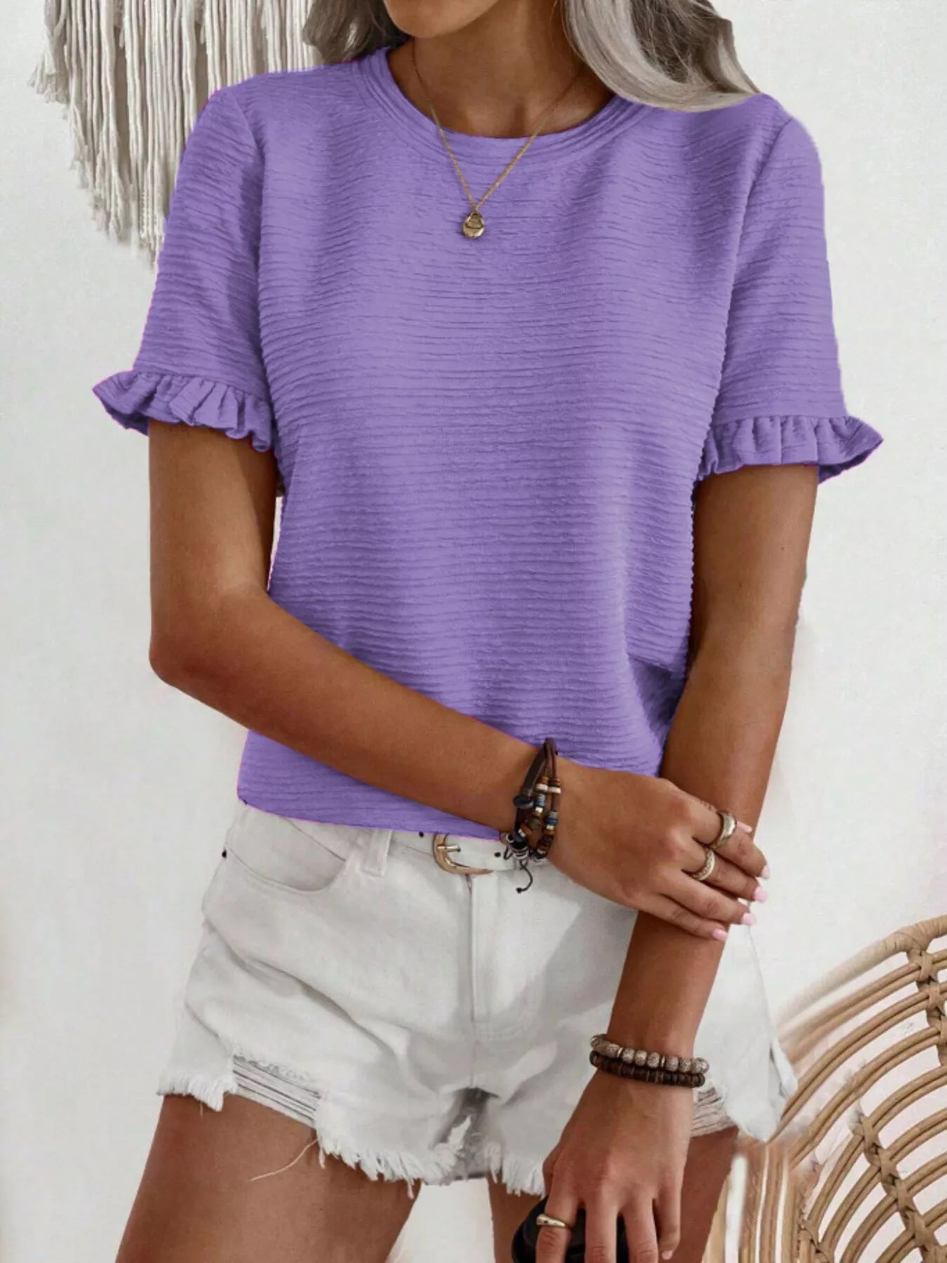 Textured Ruffle Sleeve Round Neck T-Shirt 