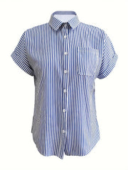 Full Size Striped Button-Up Casual Shirt with Pocket Plus Size 