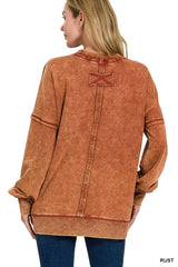 Zenana Acid Wash Raw Edge French Terry Sweatshirt with Front Pocket 