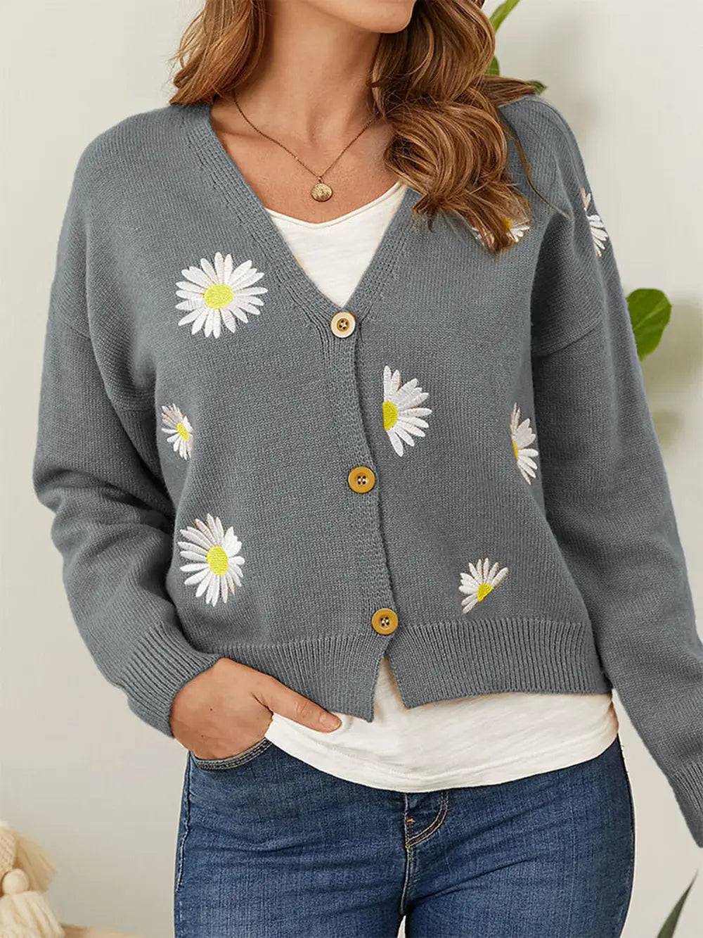 Flower Button Front Dropped Shoulder Cardigan 