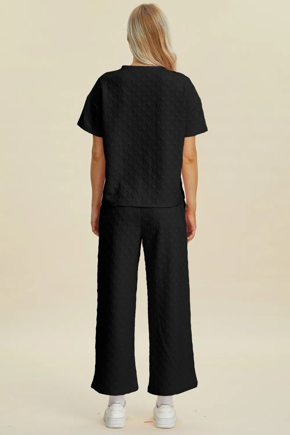 Double Take Full Size Texture Round Neck Short Sleeve Top and Pants Set 