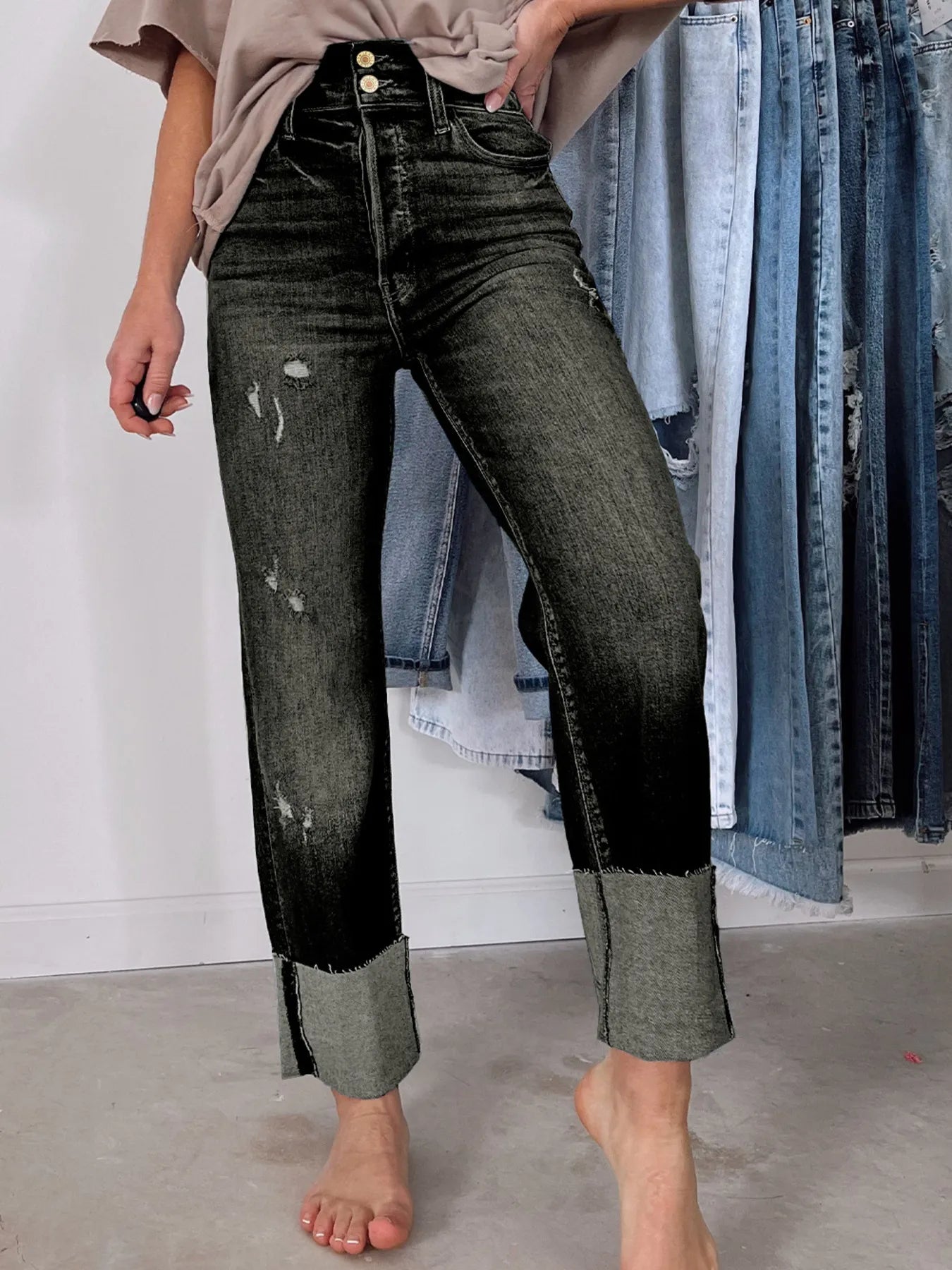 High Waist Distressed Straight Leg Jeans 