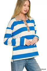 Zenana Striped Contrast Collar Polo Top 