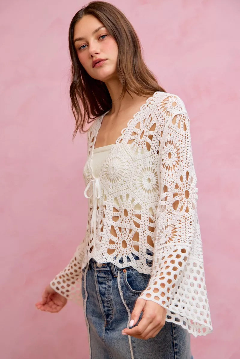 SO ME Floral Pattern Crochet Knit Tie Front Crop Cardigan 