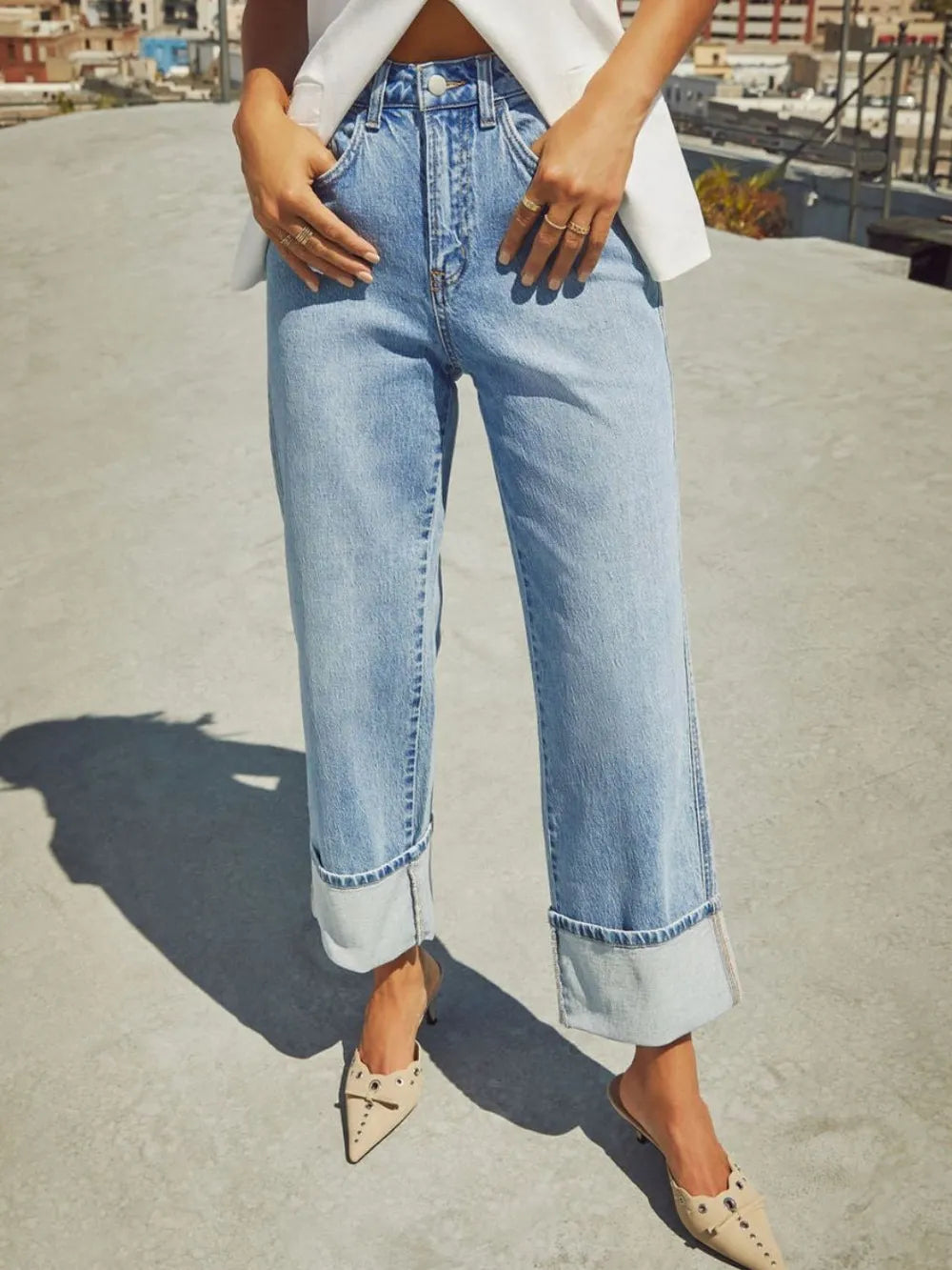 High Waisted Straight Leg Rolled Jeans 