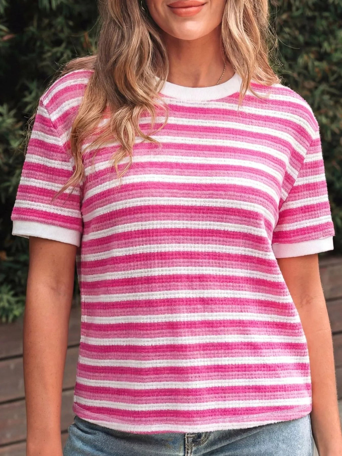 Textured Knit Short Sleeve Crossed Detail Tee 