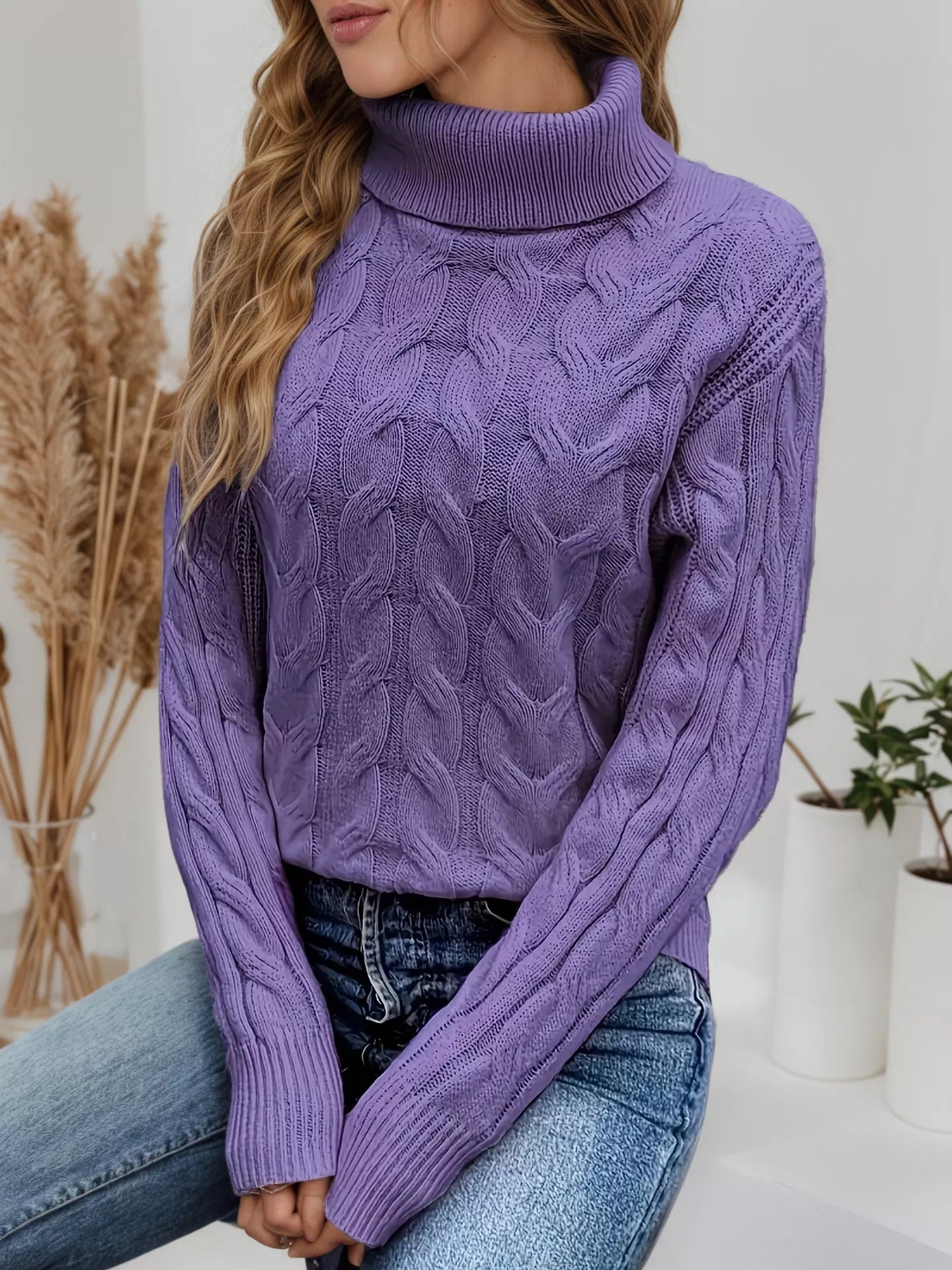 Cable Knit Turtleneck Long Sleeve Sweater 