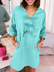 Bow Front Collared Side Pocket Shift Mini Dress 