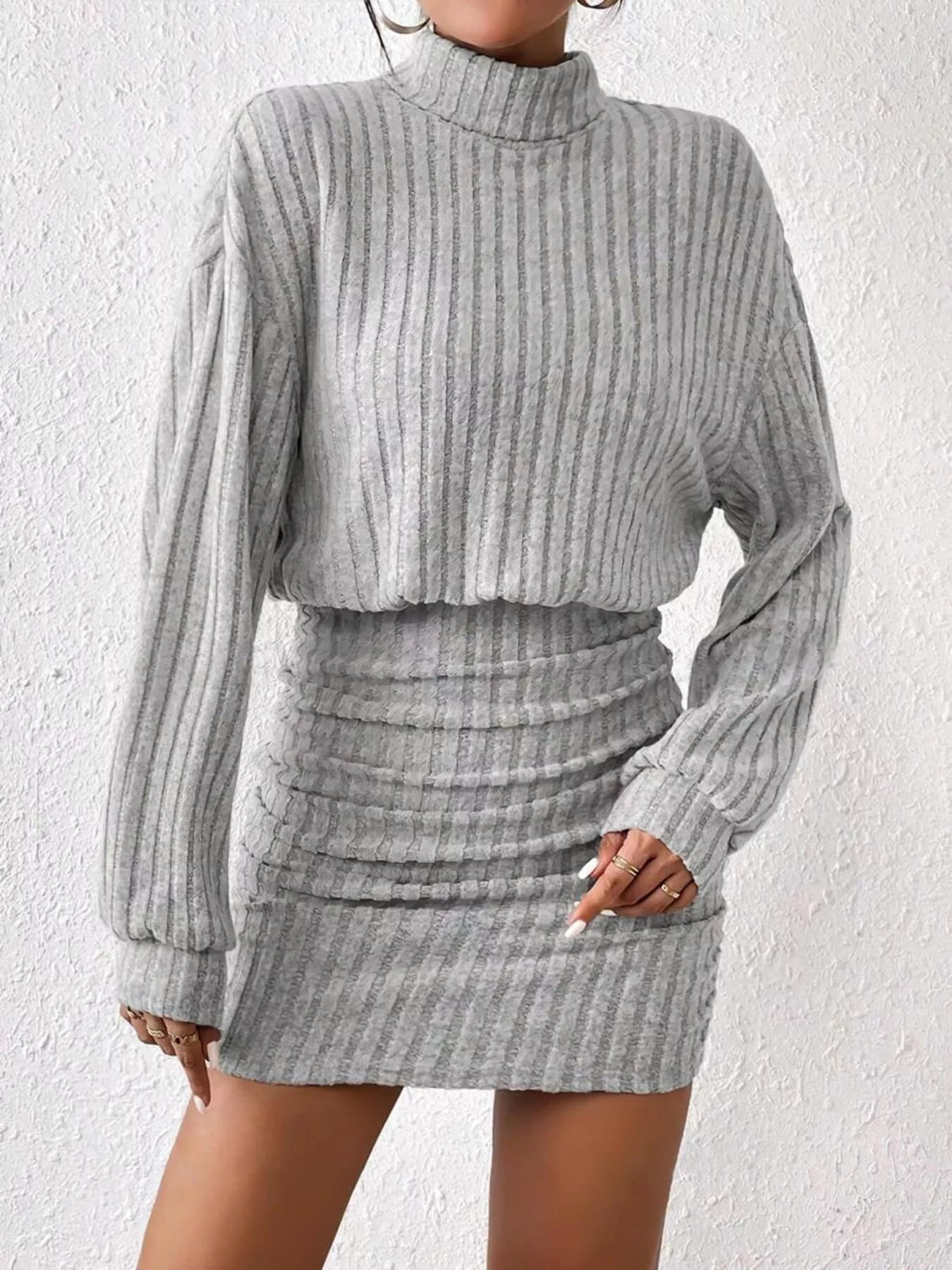 Ribbed Turtleneck Long Sleeve Sweater Dress 