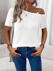One-Shoulder Chain Detail Waffle Knit T-Shirt 
