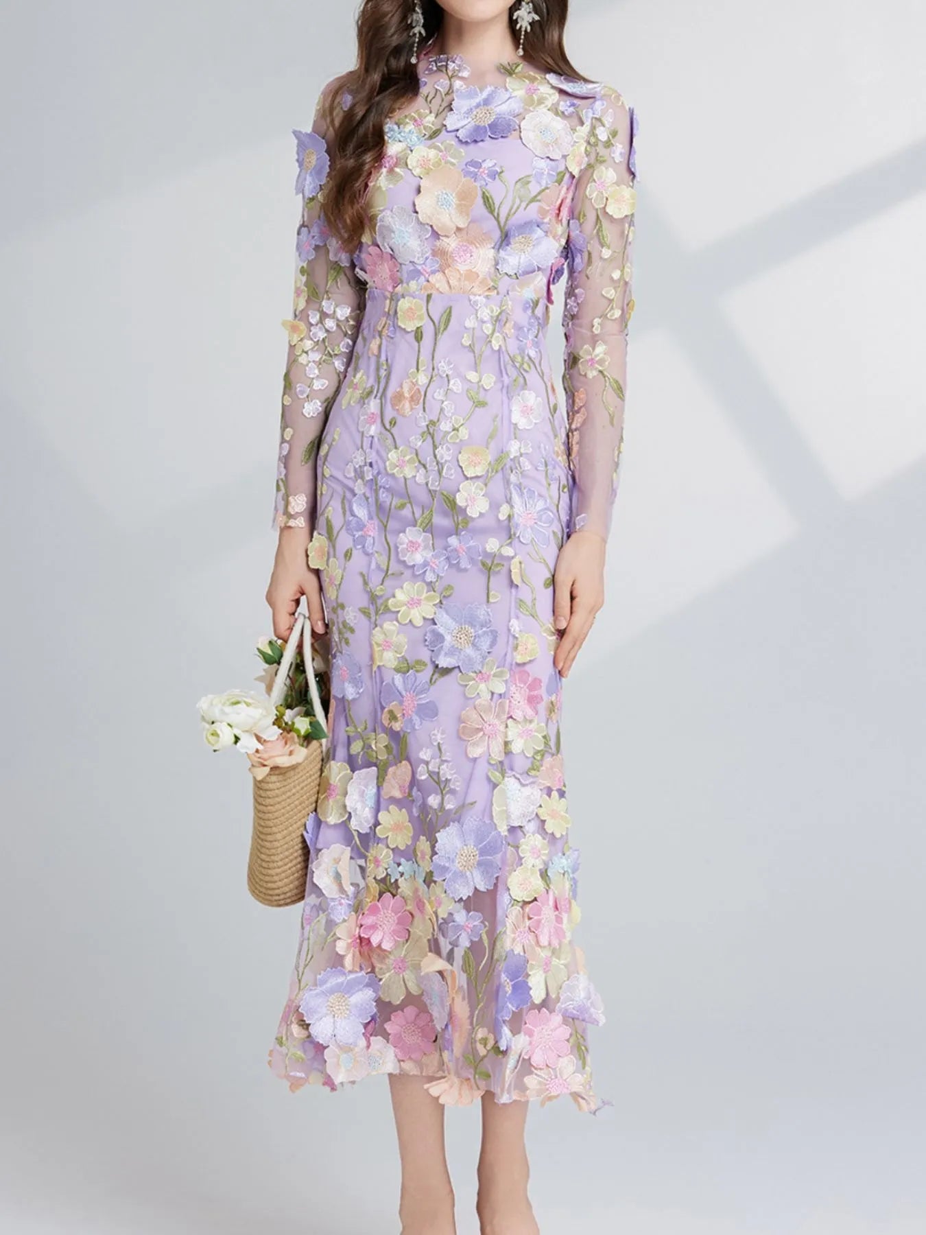 Floral Embroidered Mesh Long Sleeve Midi Dress 