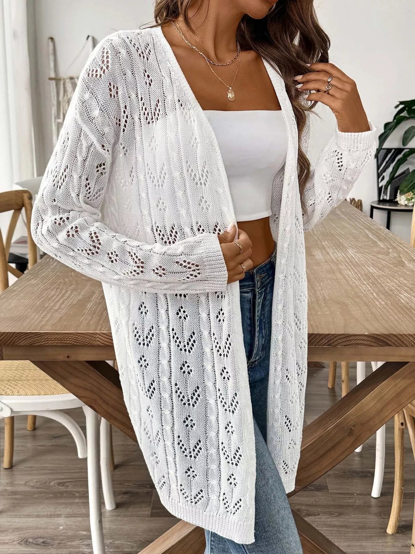 Openwork Open Front Knit Cardigan 