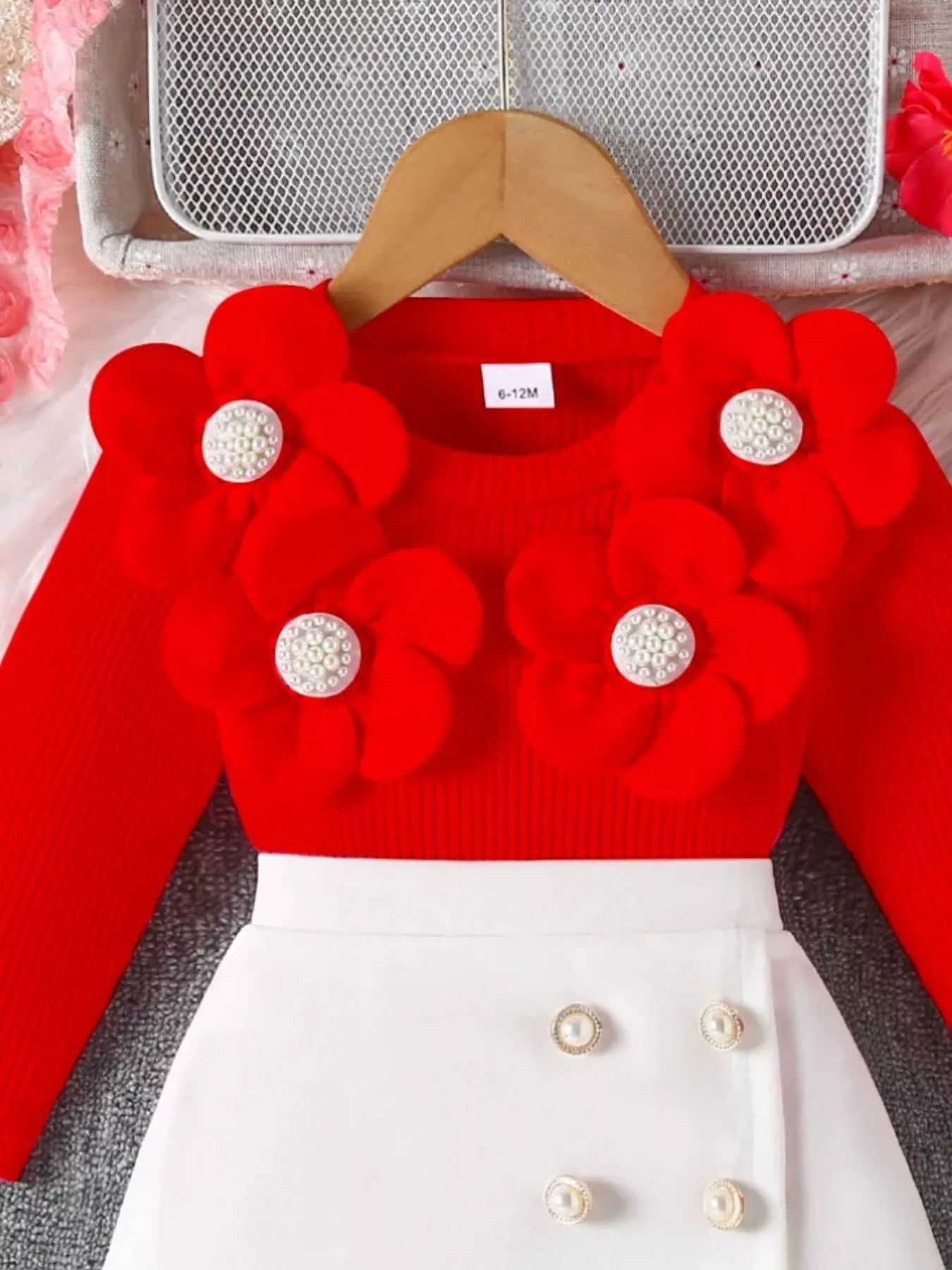 Children's Floral Applique Ribbed Top & Button Decor Skirt Set 