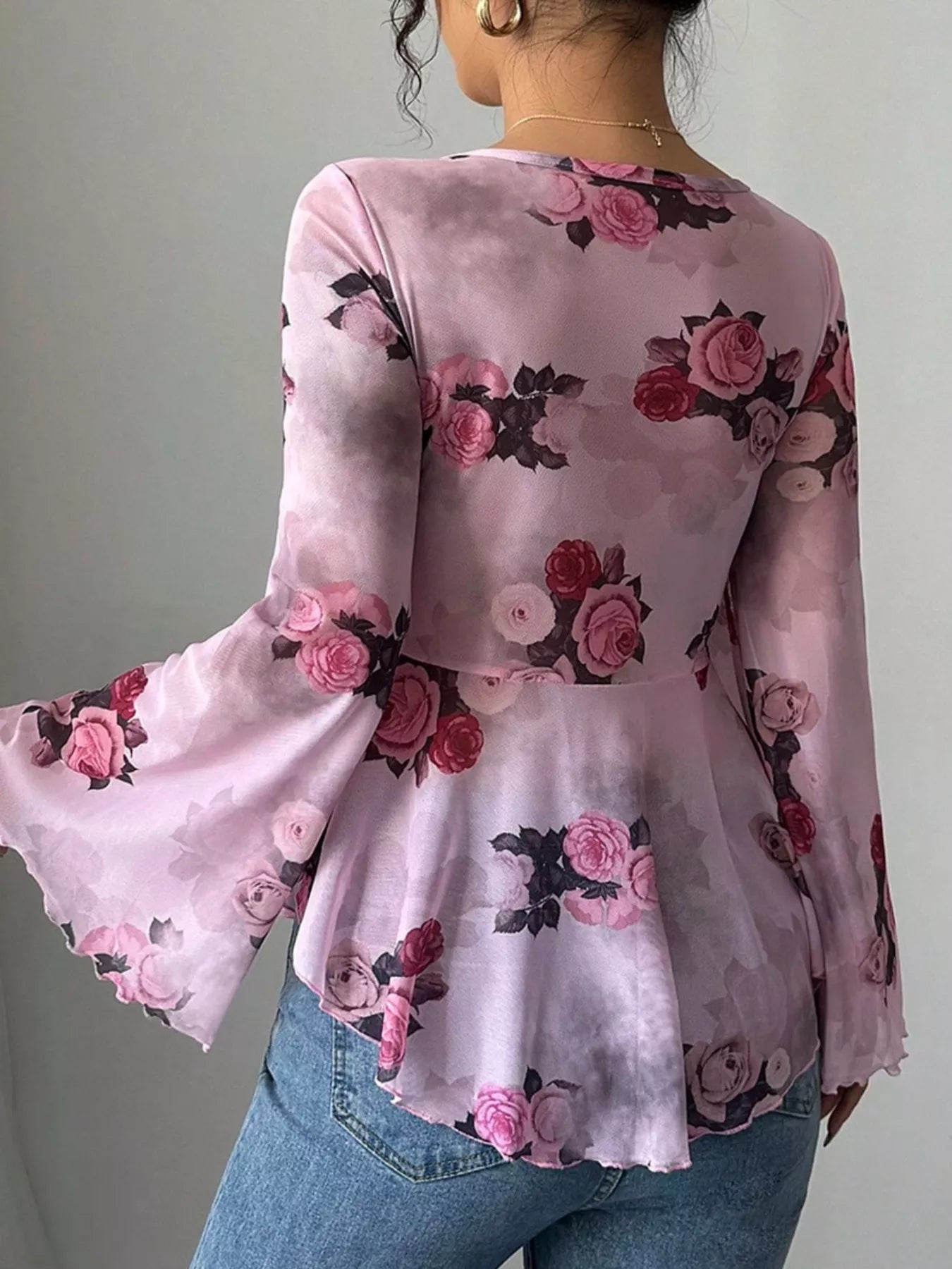 Floral Print Tie Front Flare Sleeve Blouse 