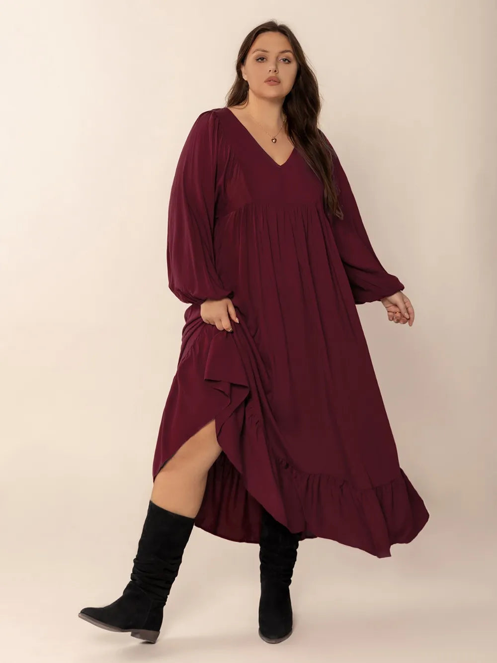 Plus Size Ruffled Hem V-Neck Balloon Sleeve Dress 