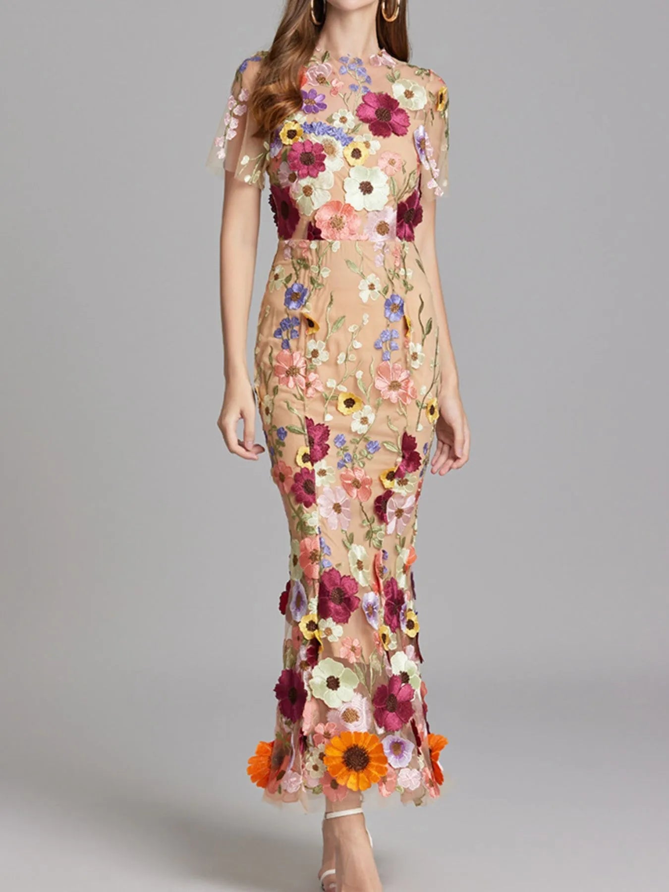 Floral Embroidered Mesh Overlay Maxi Dress 
