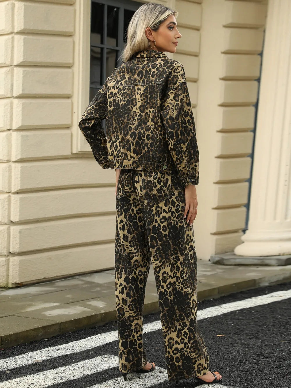 Pocketed Leopard Long Sleeve Denim Jacket 