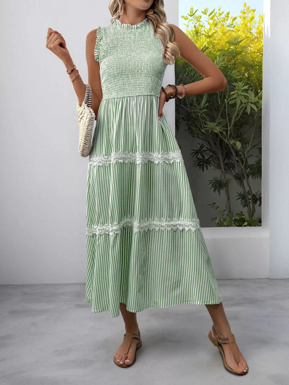 Smocked Striped Lace Trim Sleeveless Midi Dress 