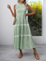 Smocked Striped Lace Trim Sleeveless Midi Dress 