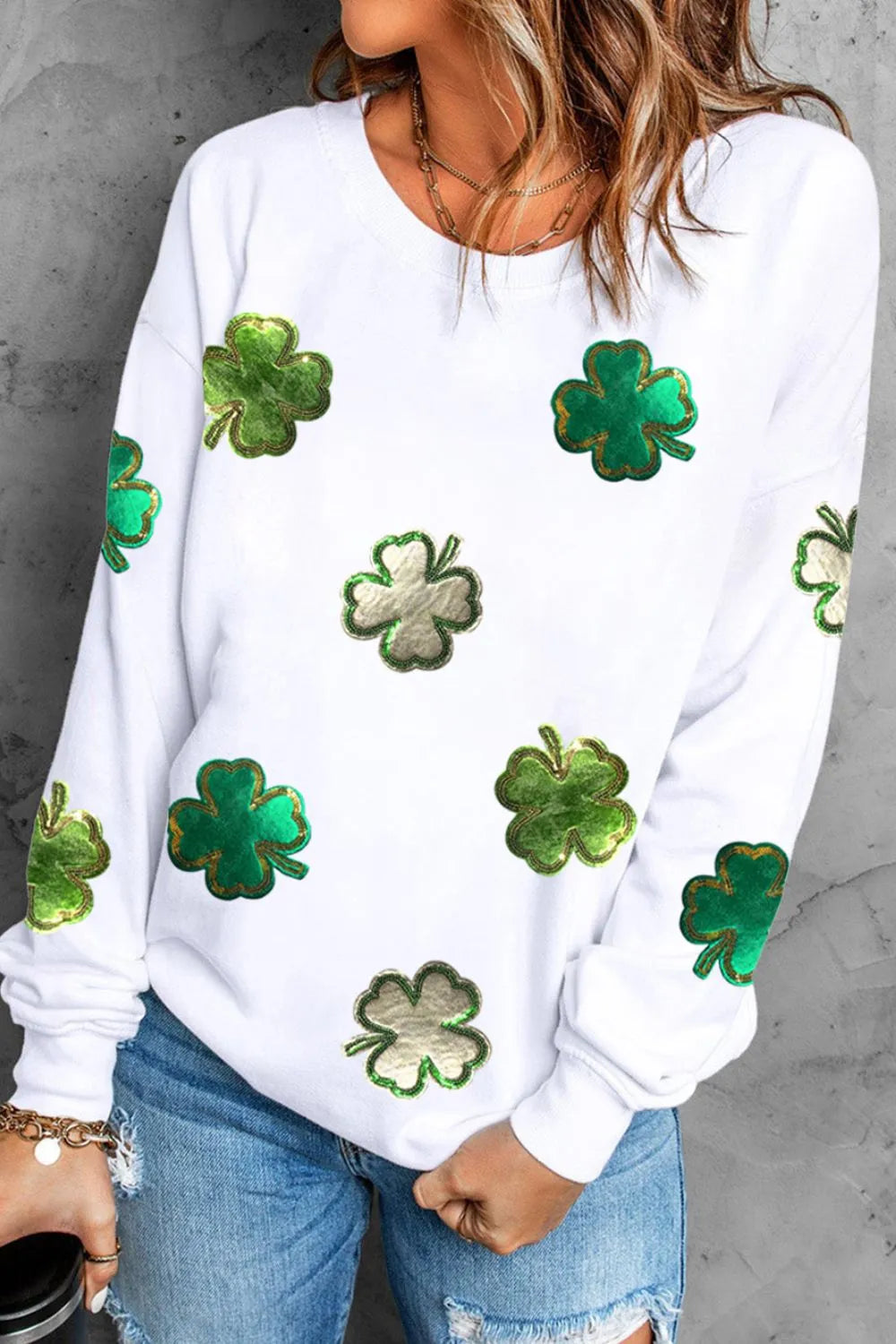 Lucky Clover Round Neck Long Sleeve Sweatshirt 