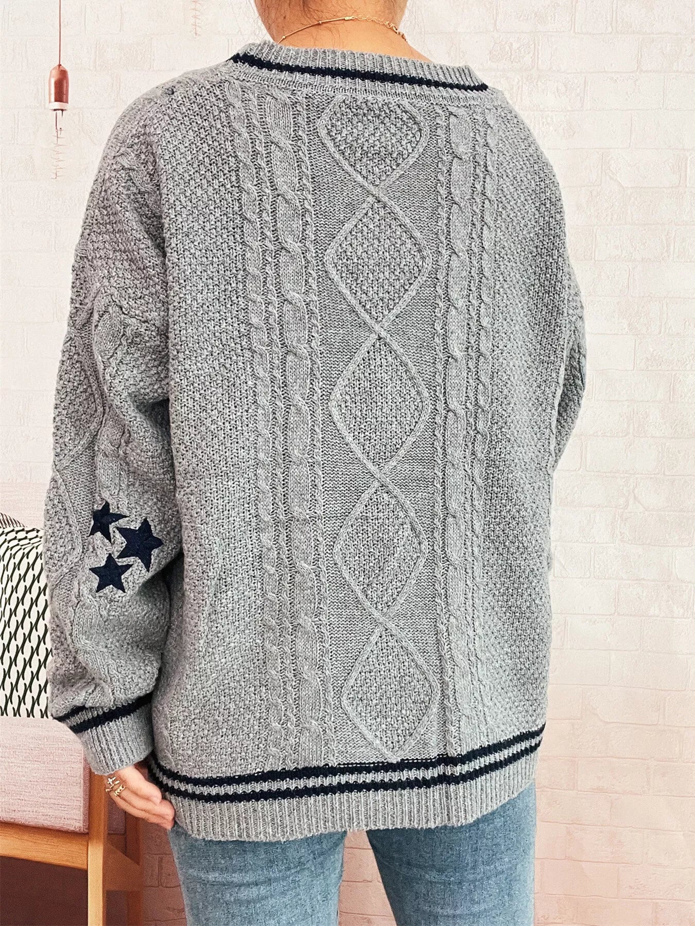 Star Pattern Button-Up Cardigan with Contrast Trim 
