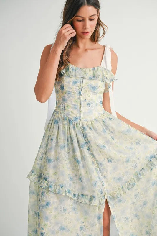 MABLE Floral Printed Shoulder Strap Midi Dress 