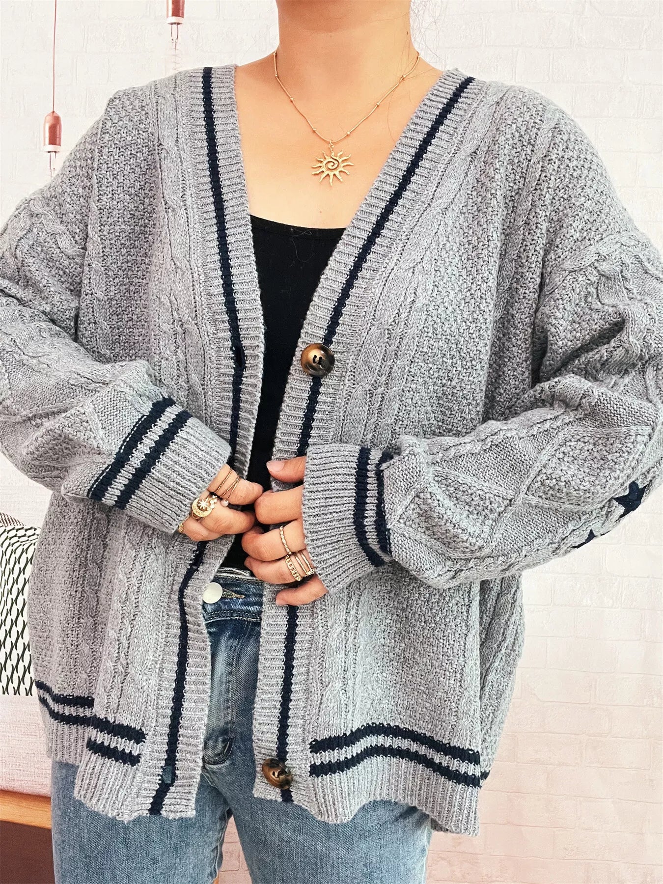 Star Pattern Button-Up Cardigan with Contrast Trim 