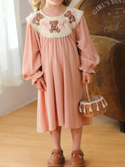 Children's Teddy Bear Embroidered Collar Long Sleeve Dress 
