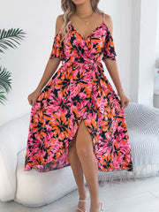 Printed Cold Shoulder Midi Cami Dress 