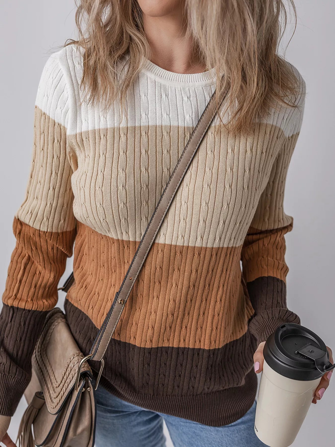 Colorblock Cable Knit Round Neck Sweater 
