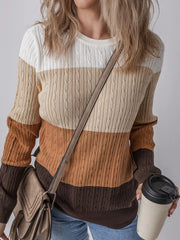 Colorblock Cable Knit Round Neck Sweater 