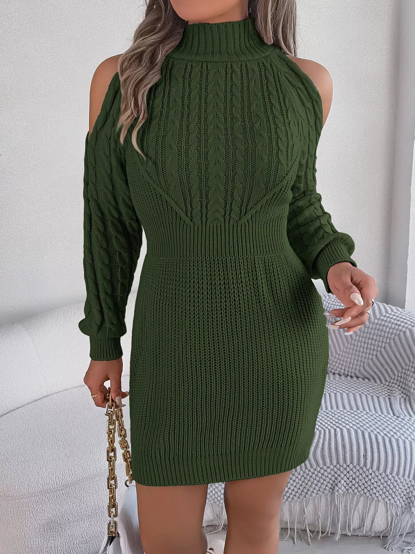 Cold Shoulder Cable Knit Turtleneck Sweater Dress 