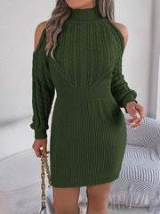 Cold Shoulder Cable Knit Turtleneck Sweater Dress 