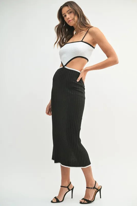 MABLE Ribbed Knit Color Block Cutout Midi Dress 