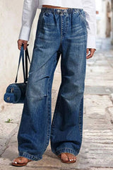 Drawstring Waist Wide Leg Shirred Jeans 