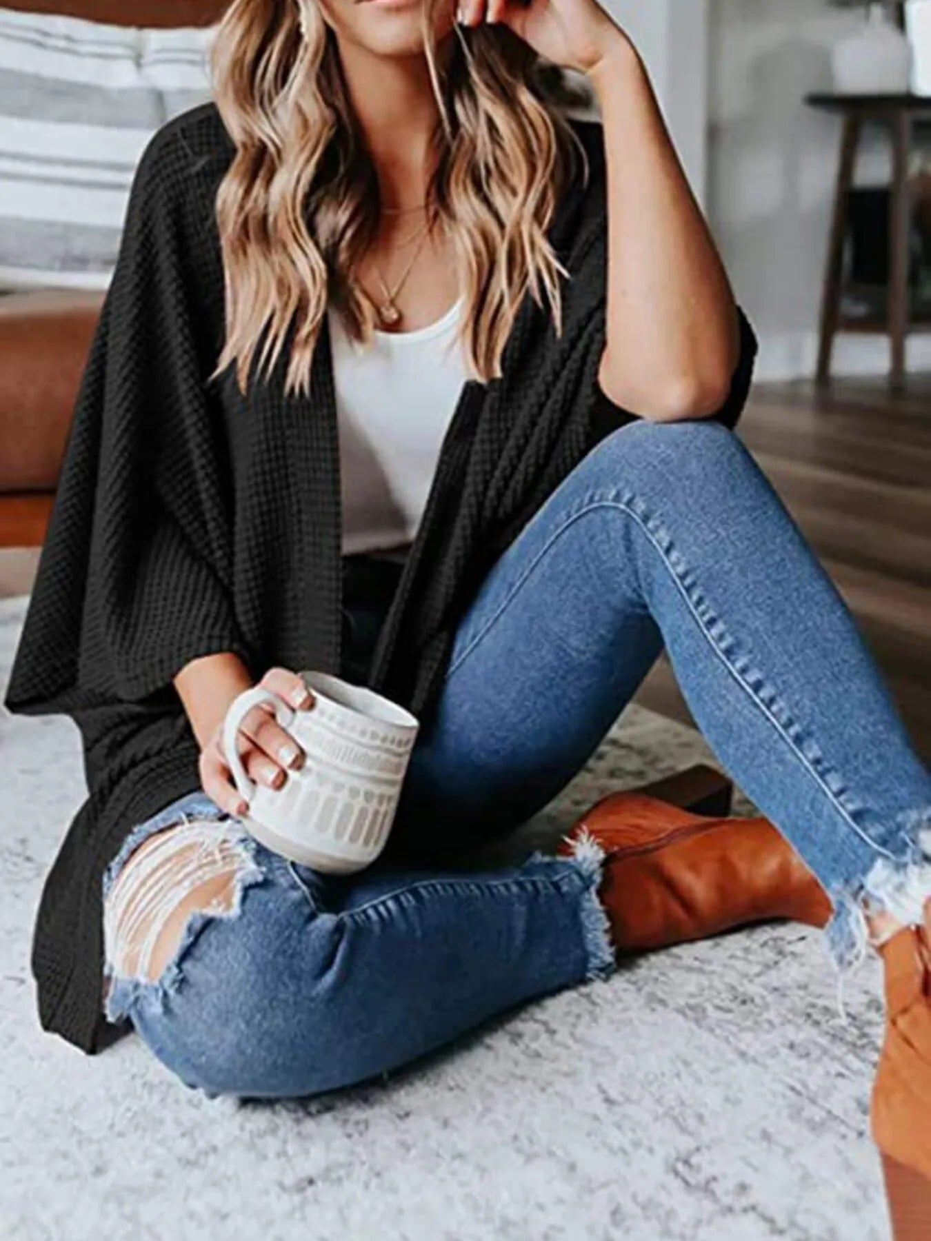Full Size Open Front Waffle Knit Cardigan Plus Size 