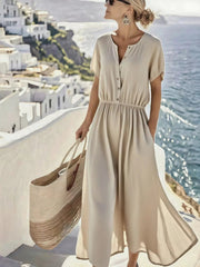 Full Size Button Front Short Sleeve Dress with Pockets Plus Size 