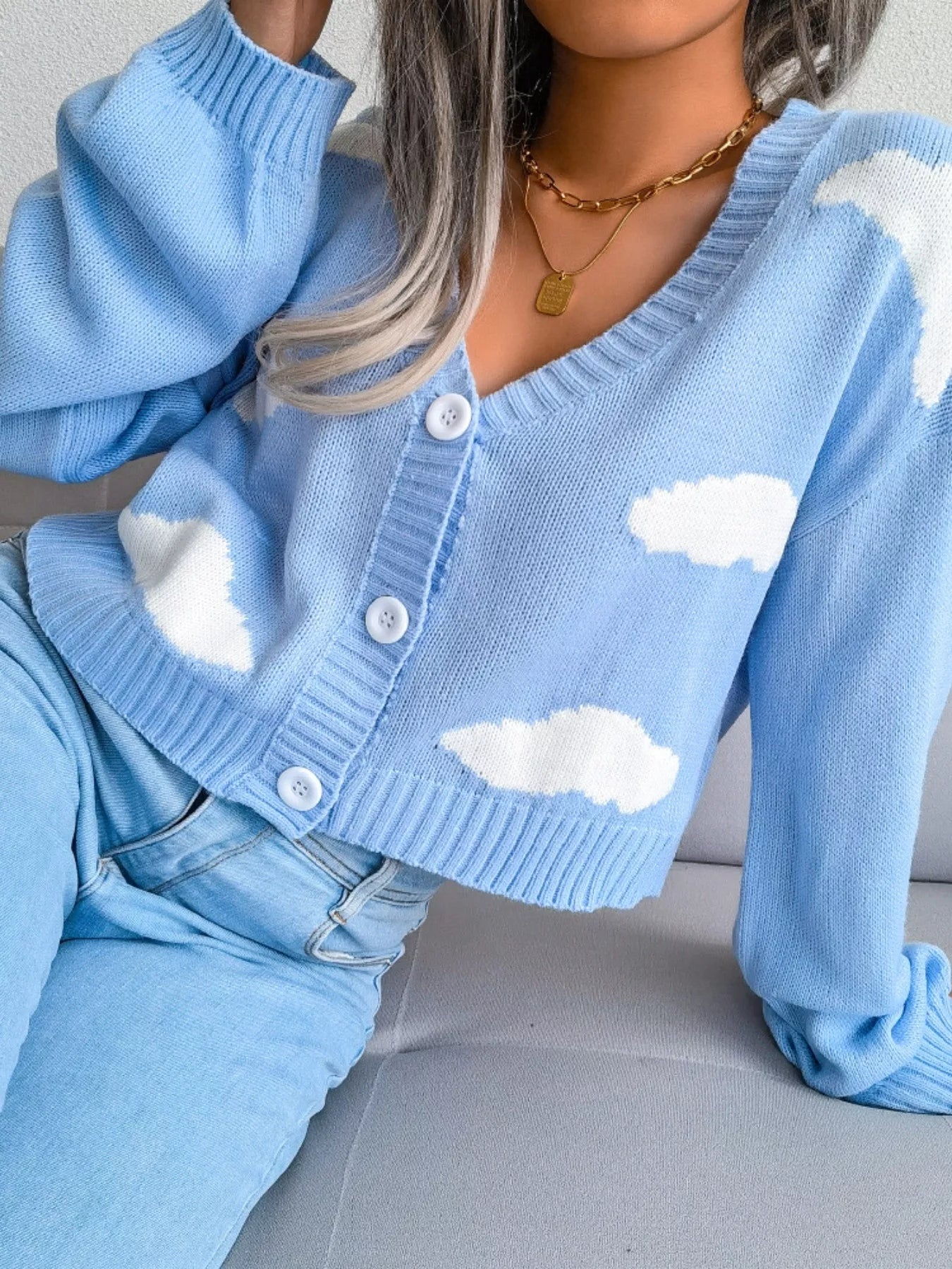 Cloud Pattern Button-Up Cropped Cardigan 