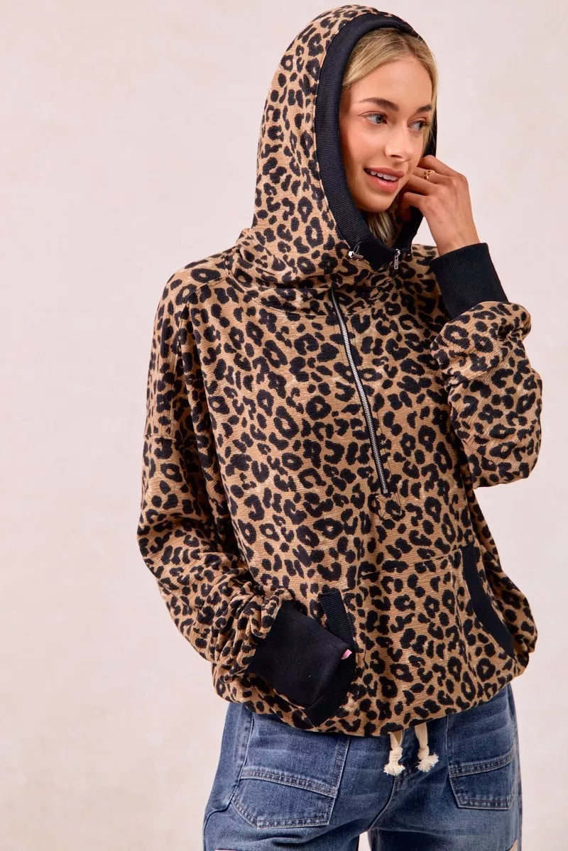 BiBi Leopard Print Waffle Half Zip Up Hoodie W Pocket 